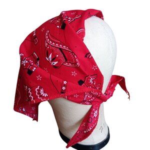 Vintage Women's Head Wrap 1970's Hippy Western Red Bandana With Cowboy Print